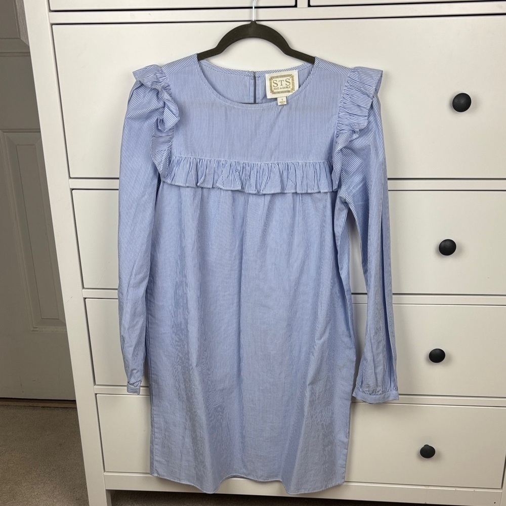 Sail to Sable Pinstripe White and Blue Ruffle Dress - S